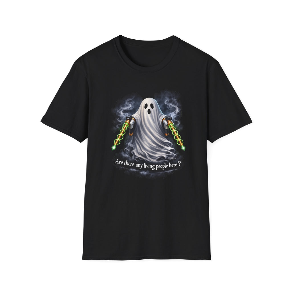 Ghost With Chains T-Shirt — “Are There Any Living People Here?” Halloween Tee