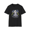 Ghost With Chains T-Shirt — “Are There Any Living People Here?” Halloween Tee