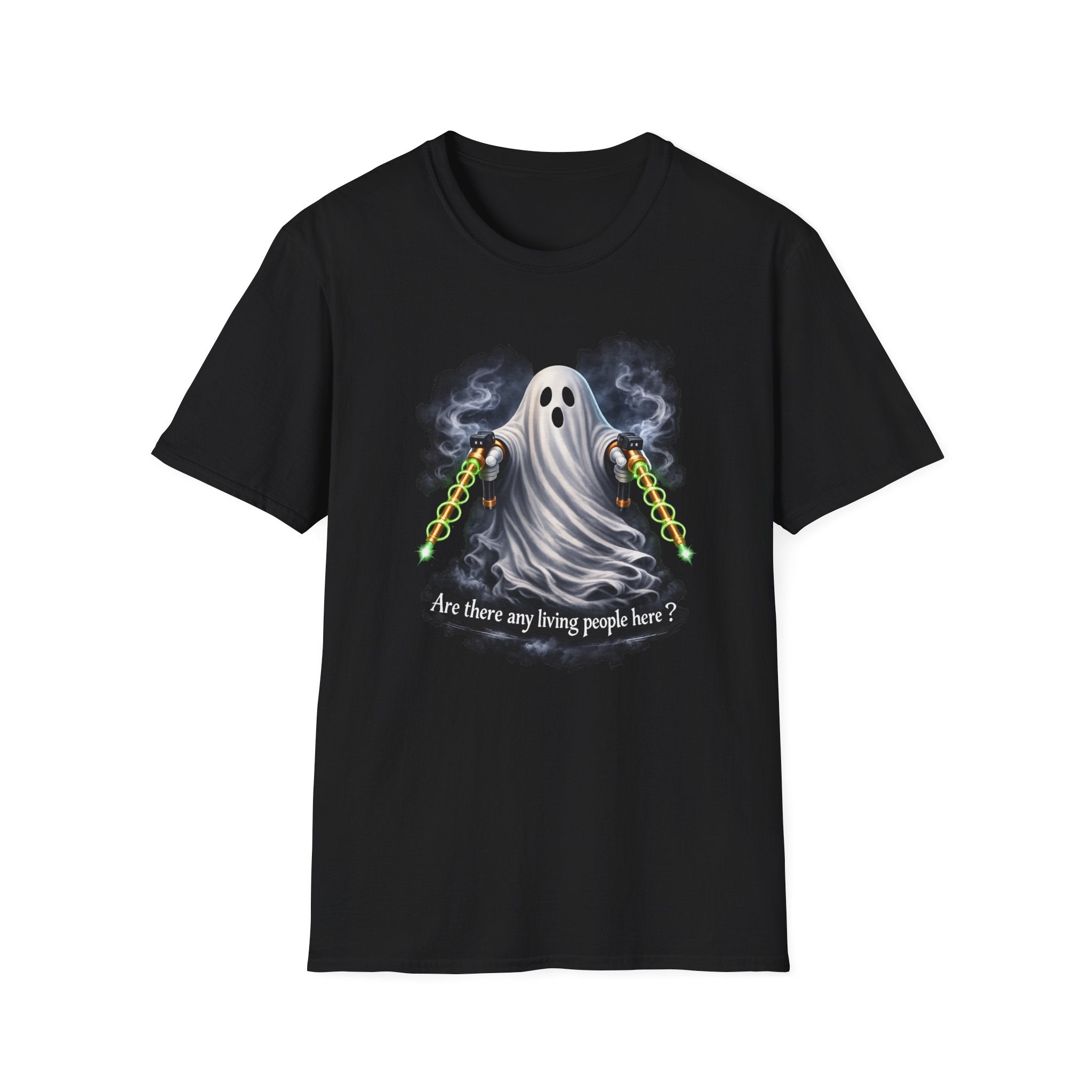 Ghost With Chains T-Shirt — “Are There Any Living People Here?” Halloween Tee